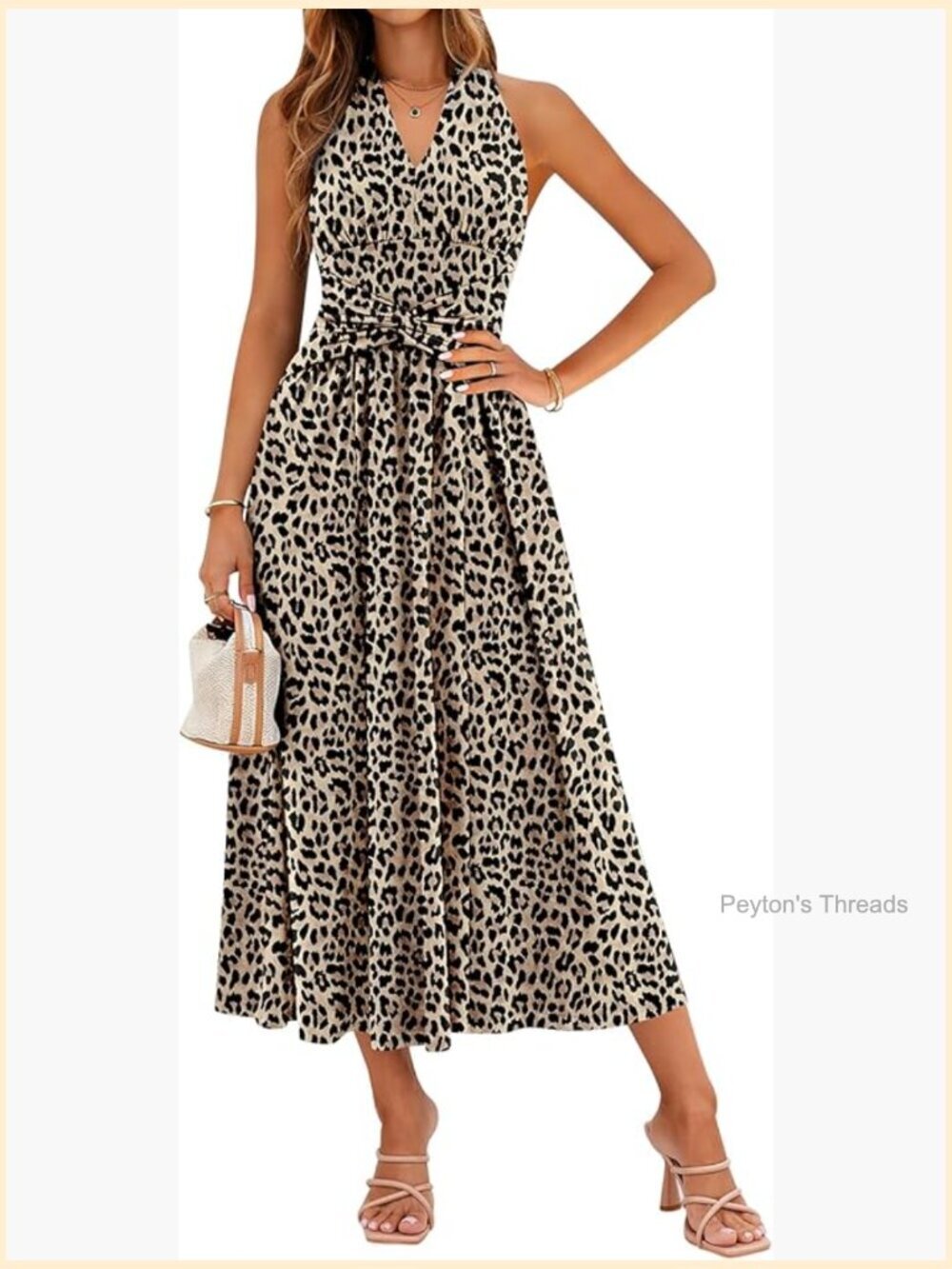 Floral Halter Midi Dress Sleeveless Pleated V Neck Flowy Beach Vacation Pockets